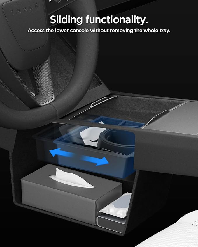 Spigen Center Console Organizer [Sliding Tray w/Intelligrip & Sunglass Holder] for 2025 2026 Tesla Model Y Juniper Accessories, Cup Holder Expander for 32oz 40oz Owala, Hydro Flask, Yeti, & More