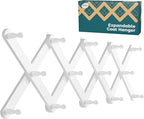 OROPY Wood Accordion Wall Hanger, Expandable Coat Rack Wall Mount with 14 Pegs, Expanding Hat Rack for Wall White