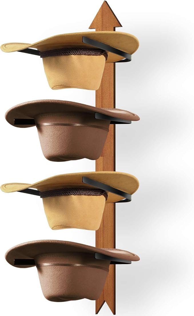 Cowboy Hat Rack, 4 Pieces Wooden Western Rustic Metal Cowboy Hat Hanger with Arrow Sign Board, Gift Cowboy Hat Holder for Wal