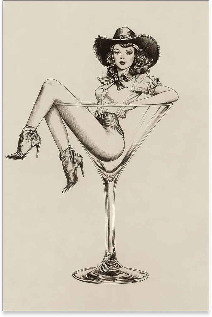 Vintage Western Canvas Wall Art Coquette Cowgirl Martini Posters Prints 24x36 in Unframed Retro Bar Cart Cocktail Artwork Aes