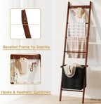 BAMBANG Bamboo Blanket Ladder with Basket, 5-Tier Quilt Rack Stand with 4 Hooks & Storage Hamper for Living Room Bathroom, Wa