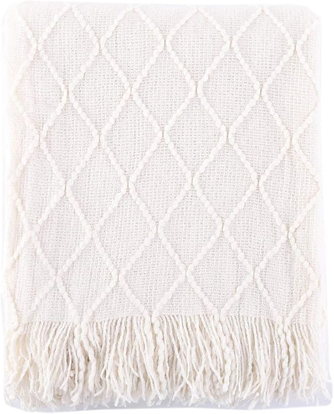 BATTILO HOME Cream Throw Blanket for Couch, Boho Bedroom Decor Throws, Decorative White Throw for Sofa Living Room, 50"x60"