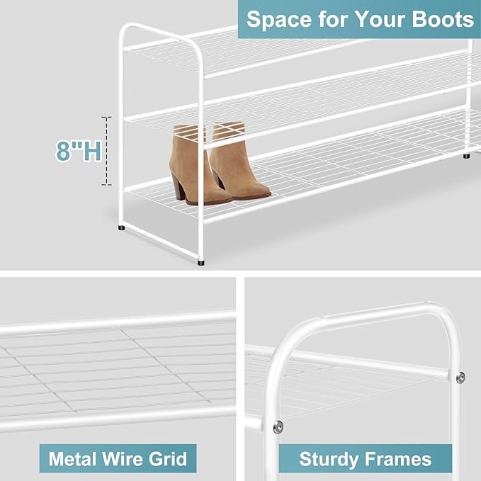 AOODA Long 3 Tier Metal Shoe Rack for Closet Wide Stackable Shoe Storage Organizer for Entryway, Bedroom, Floor, 24-Pairs Men