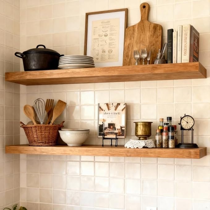 ROGMARS 36 Inches Long Walnut Floating Shelves,Rustic Solid Wood Farmhouse Wall Shelves with Invisible Brackets for Bathroom,
