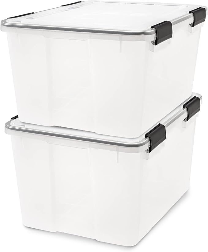 IRIS USA WeatherPro 47 Qt Storage Bins with Lids, 2 Pack, BPA-Free Plastic Gasket Box with Tight Latch and Seal, Stackable Ne