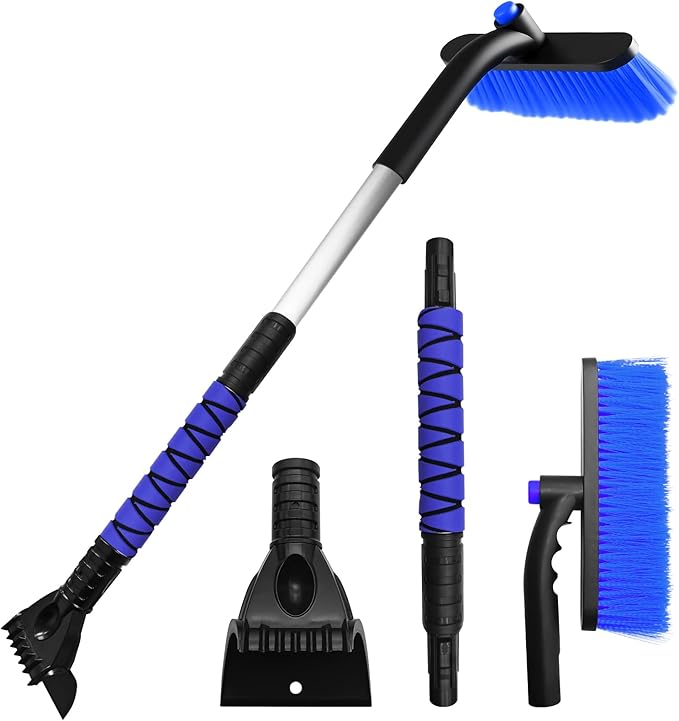 Snow Brush with Ice Scraper, Ice Scrapers, Car Windshieldand Extendable Snow Brush with Foam Grip and 360° Pivoting Brush Head, Detachable Snow Scrapers & Ergonomic Foam Grip for Cars (Blue)