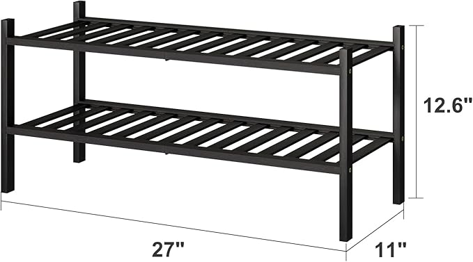viewcare 2-Tier Black Bamboo Shoe Rack for Entryway, Stackable | Foldable | Natural, Shoe Shelf Storage Organizer for Hallway