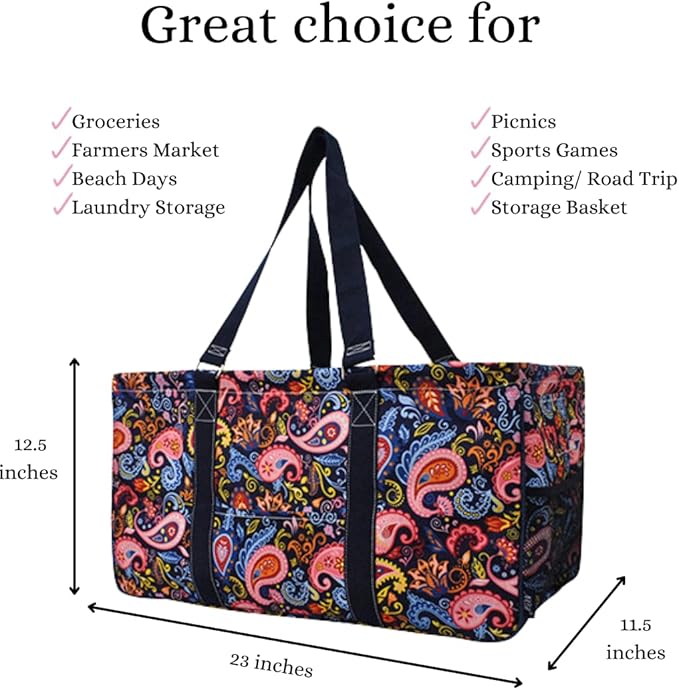 NGIL Extra Large Utility Tote Reusable Grocery Bag Oversized Collapsible for Groceries, Storage, Picnic, Beach (Paisley Perfection-Navy)