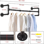 Wall Mounted Clothes Rack - 54" Industrial Pipe Clothing Garment Rack, Space-Saving Heavy Duty Detachable Black Iron Clothes 
