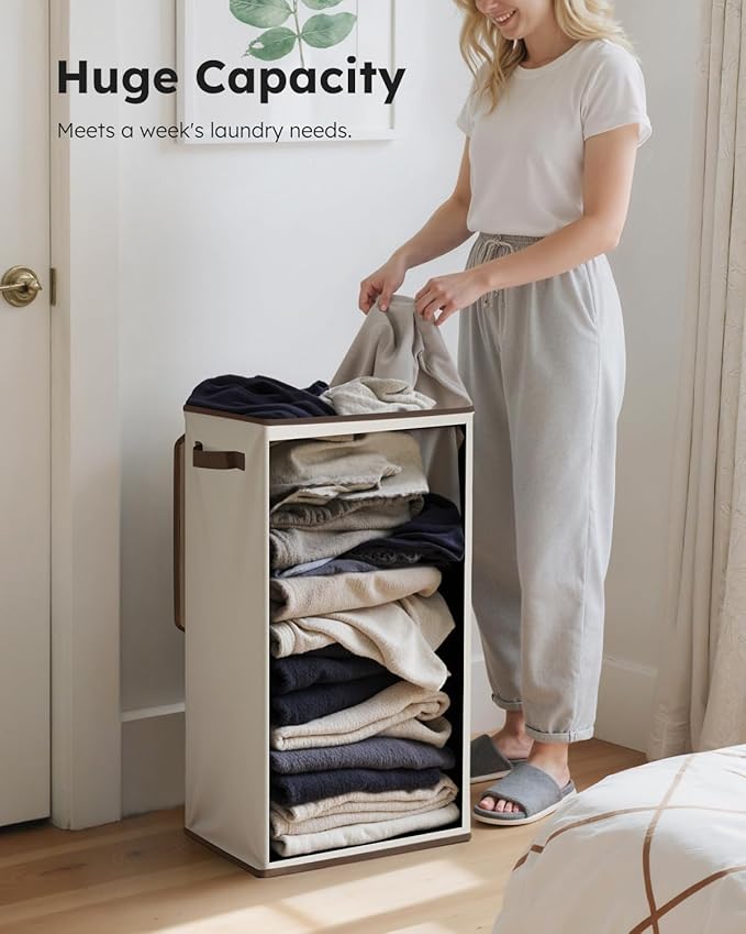 SOLEDI Slim Laundry Hamper with Lid, Narrow Laundry Basket with Removable Bags, Dirty Clothes Hamper with handle, Small Hampe