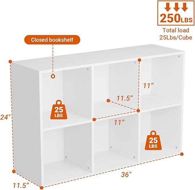 Wooden 6 Cube Storage Organizer with Closed Back Panel, Modern Open Cube Storage Shelf Bookshelf with Compartments, Cube Shel