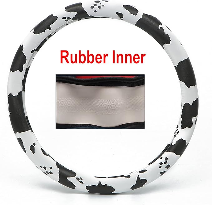 Dotesy Leather Cow Pattern Steering Wheel Cover Protector Cow Print Car Accessories Anti Slip Universal for 36.5-38cm (Black 