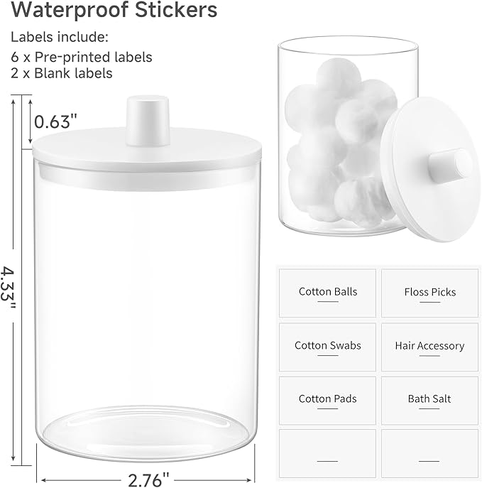 TIPGO Glass Qtip Holder Dispenser for Bathroom - 10 oz Clear Canister Apothecary Jar for Cotton Swabs, Balls, Pads, Floss Pic