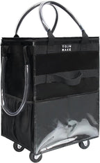 Reusable Grocery Bag On Wheels(Medium -Black), Rolling Tote Bag, Shopping Cart with 8 Pockets and Zipper Cover for Trips, Foldable, Heavy Duty Handles, Carries Up to 46LBS