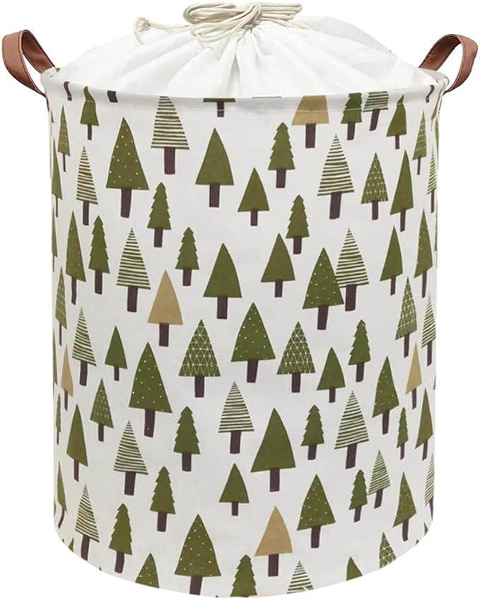 Nursery Laundry Basket Canvas Fabric Baby Boy Storage Bins,Collapsible Woodland Hamper,Waterproof Storage Baskets with Leathe