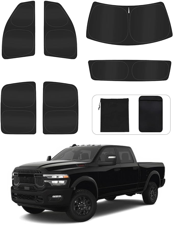 6PCS Window Shades for Dodge RAM 2500 3500 2010-2025 Accessories – Full Coverage Sun Shade for Side Windows, Rear Triangular & Windshield – UV Protection & Privacy for Camping, Napping, Relaxing