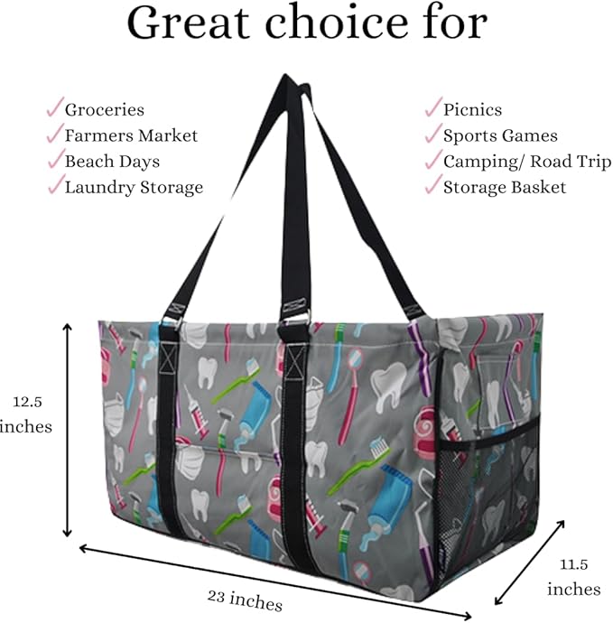 NGIL Extra Large Utility Tote Reusable Grocery Bag Oversized Collapsible for Groceries, Storage, Picnic, Beach (Dentist Print-Black)