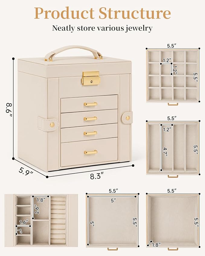 TORIBIO Jewelry Box for Women, Leather Jewelry Organizer with Mirror & Lock, 5-Tier Jewelry Storage Organizer with 4 Drawers 