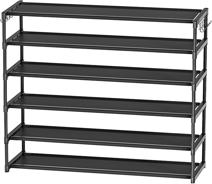 LUKYTOWER Extra Long Shoe Rack 6 Tier 39Pairs, Shoe Storage Organizer with 2 Hooks, Wide Stackable Shoe Organizer Racks for C