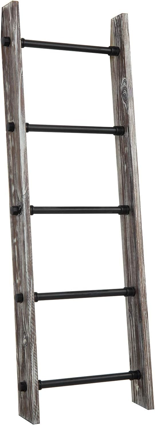 MyGift 4 Ft Torched Wood Farmhouse Blanket Ladder with 5 Matte Black Industrial Pipe Rungs, Wall Leaning Bathroom Towel Ladde