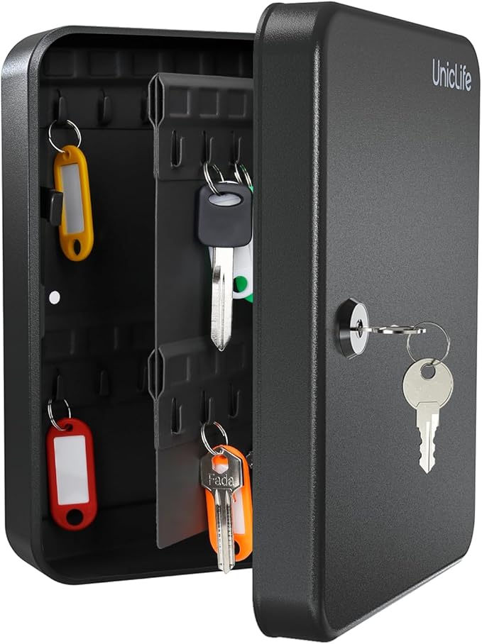 Uniclife 48-Key Steel Key Cabinet with 2 Unlocking Keys Wall Mounted Key Organizer Black Frosted Security Box with Hooks and 