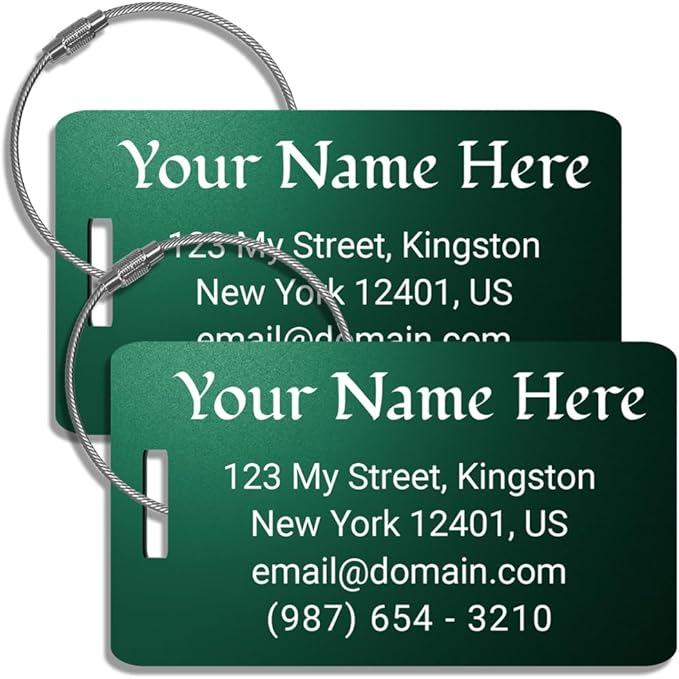 Custom Bag Tags for Luggage, Personalized Luggage Tags for Suitcases - Laser Engraved Metal Tags- Pack of 2 (Emerald Shadow, 