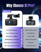 Miofive Dash Cam Front & Rear Dual Channel – Front 4K UHD + Rear 2.5K, Built-in GPS & 5GHz WiFi, 3.0″ IPS Screen, HDR & Night