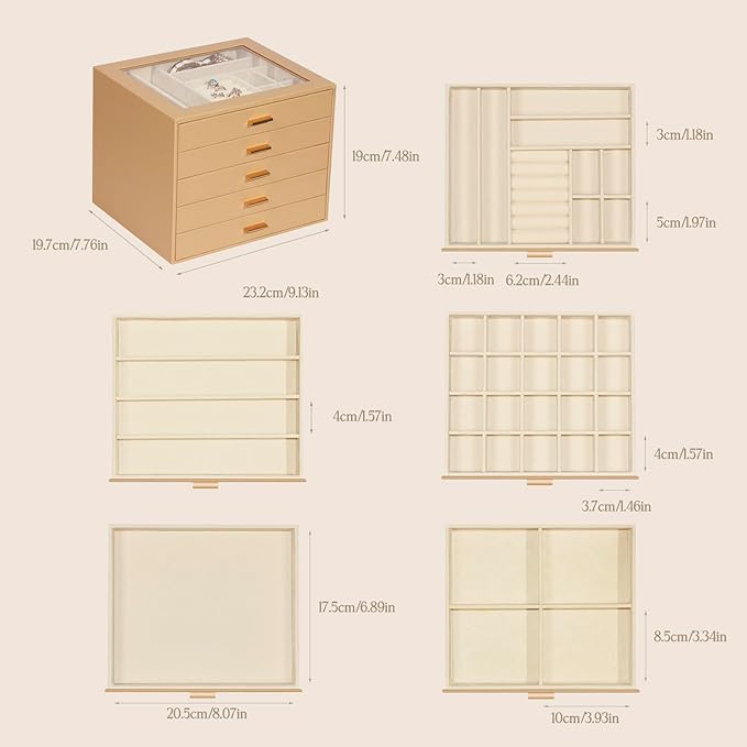 Jewelry Box with Glass Lid, 5-Layer Jewelry Organizer for Women Girls, PU Leather Display Case with 20-Grid Earring Tray & Mo