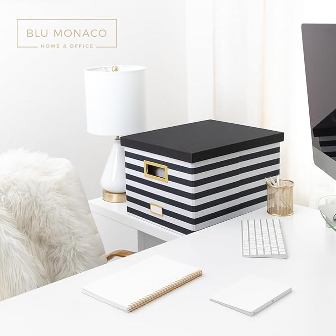 BLU MONACO | Decorative Hanging File Box with Lid | File Bins with Lids for Desk Storage | Desktop Hanging File Organizer for