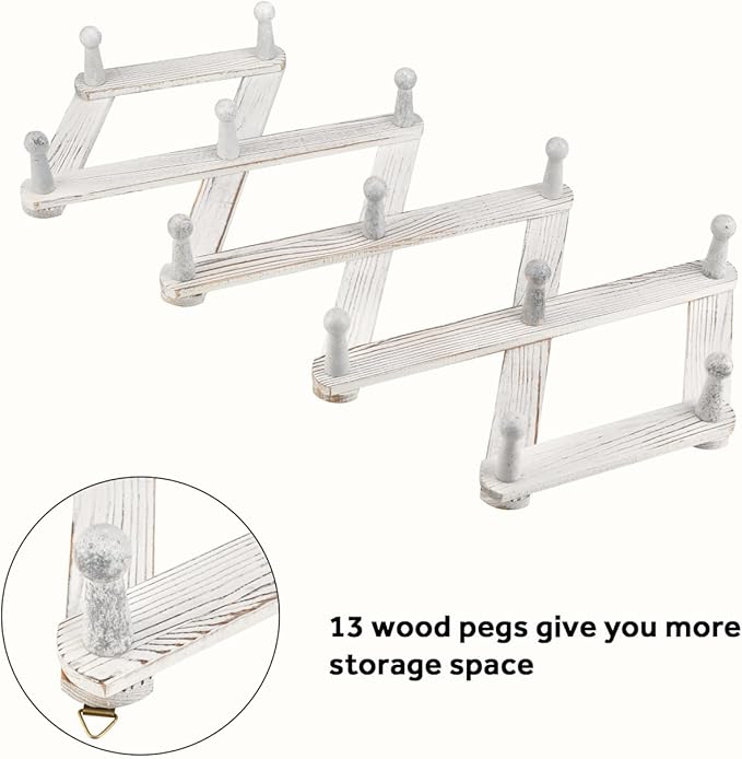 Homode Accordian Wall Hanger, Expandable Coat Rack Wall Mounted, Accordion Style Wood Hat Rack with 13 Peg Hooks for Hanging 