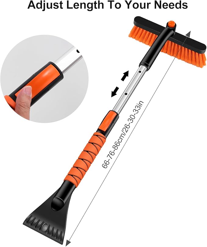 Odoland 33" Extendable Snow Brush with Detachable Ice Scraper for Car Windshield with Foam Grip and 360° Pivoting Brush Head for Christmas Car Auto Truck SUV, Orange