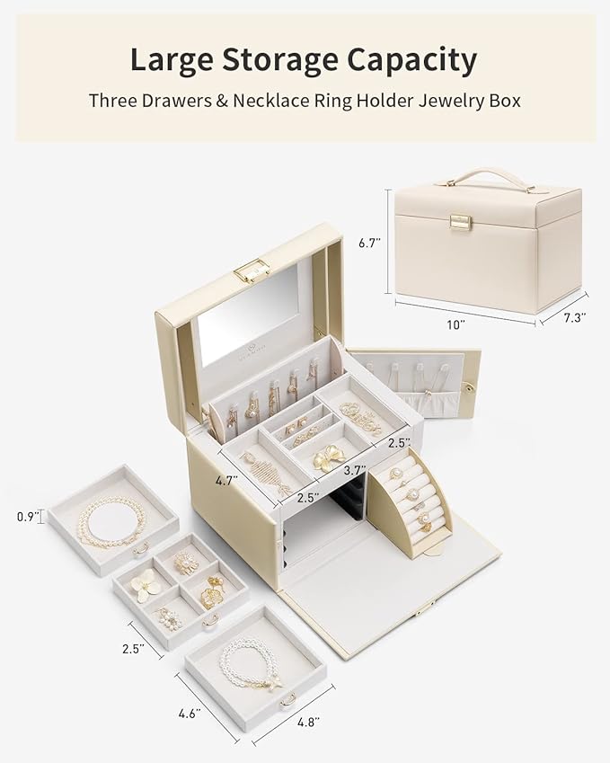Vlando Jewelry Box Organizer for Girls Women, Large Jewelry Holder Organizer with Mirror, 3 Drawers for Bracelets, Earrings, 