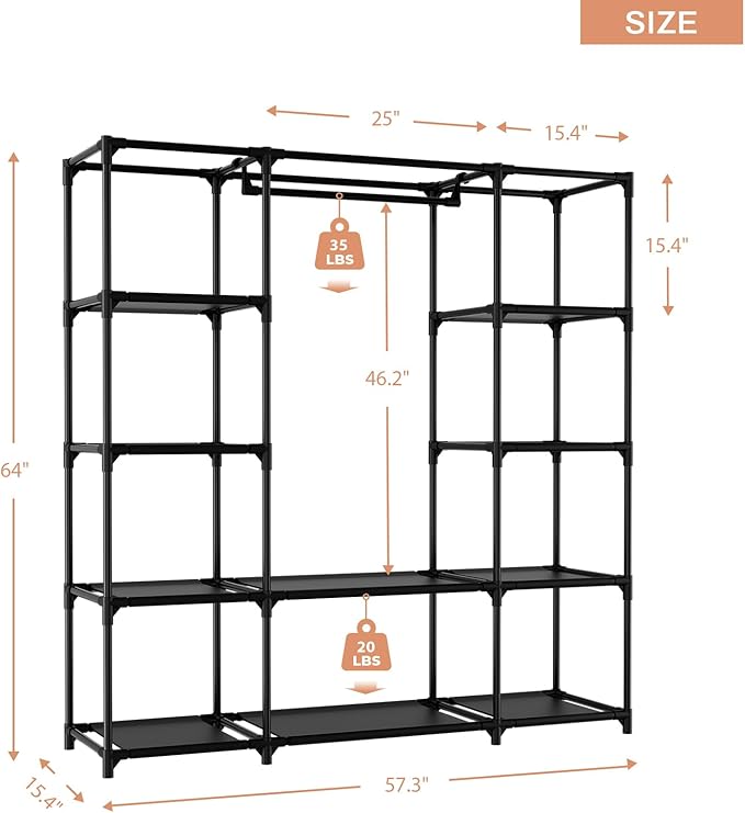 Portable Closet for Hanging Clothes 57.3 Inch Large Capacity Wardrobe Closet with Cover, 8 Pockets and 1 Hanging Rod, Easy As