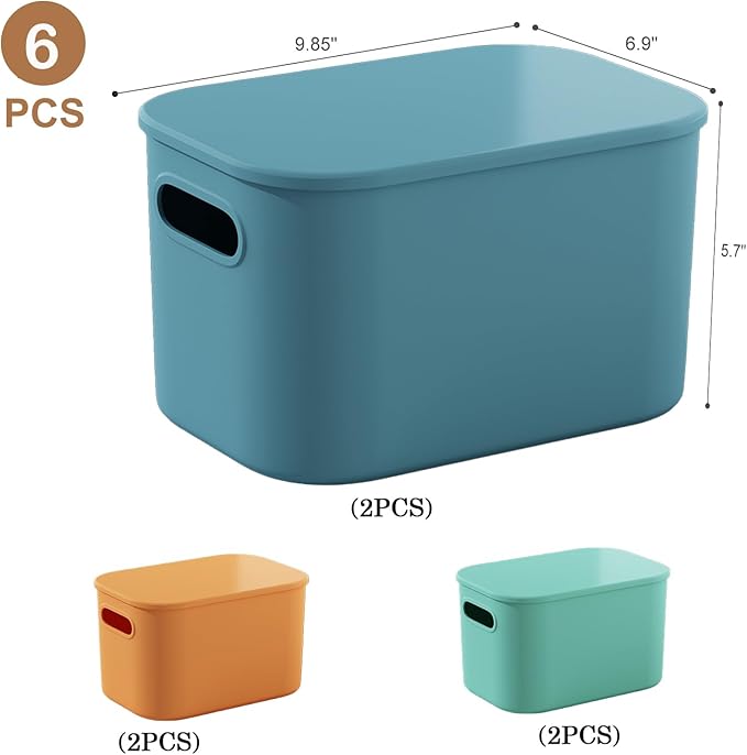 ORGIDOL 6 Pack Colorful Storage Bins with Lids Stackable Storage Container for Organizing, Storage Boxes with Handle for Shel