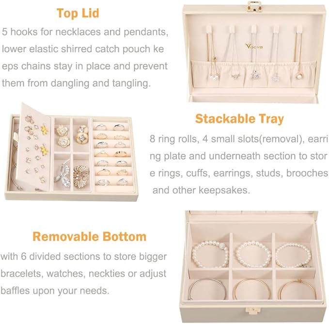 Voova Jewelry Box Organizer for Women Girls, 2 Layer Large Men Jewelry Storage Case, PU Leather Display Jewellery Holder with
