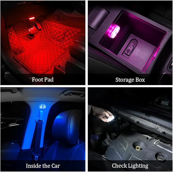 Car interior ambient lighting with 7 color LED strip lights creating colorful atmosphere inside vehicle at night
