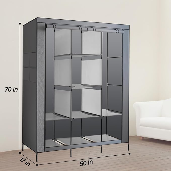 PLKO Portable Closet, Wardrobe Closet Organizer,Portable Clothes Closet Rolling Door Wardrobe with Grey Oxford Fabric Cover f