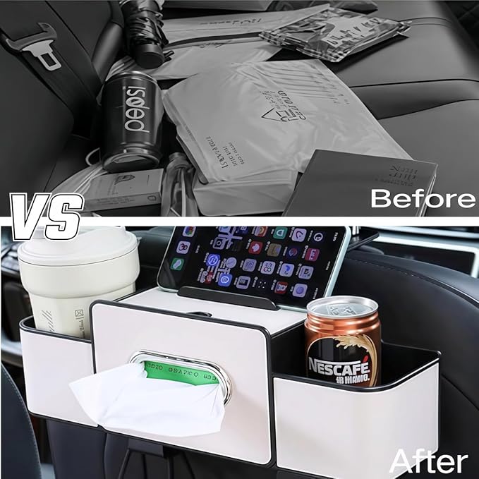 Back Seat Car Organizer, 4-in-1 Multifunctional Storage Box with Cup Holder & Tissue Holder, Premium Leather Adjustable Seat Back Organizer for Phone, Snacks, Purse for SUV Minivan Travel (Beige)