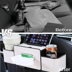 Back Seat Car Organizer, 4-in-1 Multifunctional Storage Box with Cup Holder & Tissue Holder, Premium Leather Adjustable Seat Back Organizer for Phone, Snacks, Purse for SUV Minivan Travel (Beige)