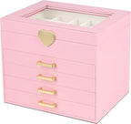 Kendal Jewelry Box, 5-Layer Jewelry Organizer Box with Glass Lid, Pink, Heart Shaped PU Leather, Storage Box for Necklace Ear