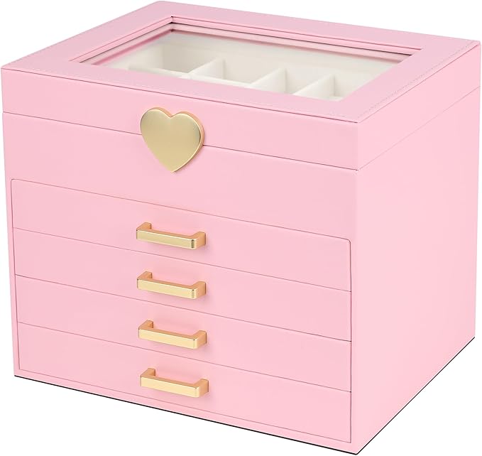Kendal Jewelry Box, 5-Layer Jewelry Organizer Box with Glass Lid, Pink, Heart Shaped PU Leather, Storage Box for Necklace Ear