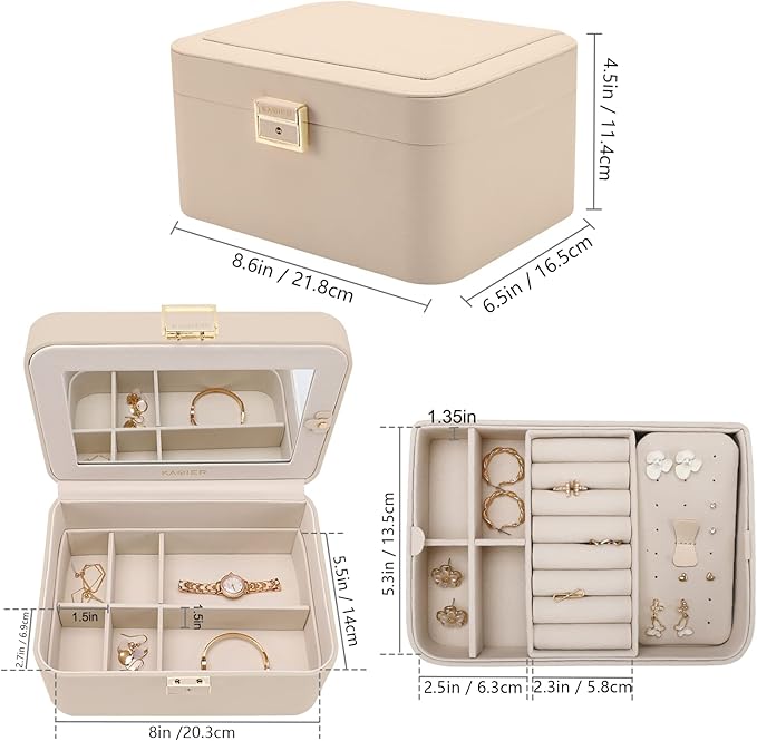 Upgraded Jewelry Box, 2 Layers PU Leather Jewelry Organizer for Women with Lock and Mirror, Hidden Necklace Hook and Removabl