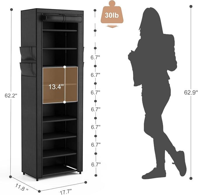 VILICK Shoe Rack with Cover Narrow Shoe Organizer with 4 Side Pockets 10 Tier Tall Shoe Storage Holds 18-22 Pairs Shoes and B