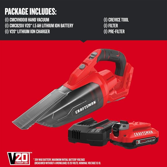 CRAFTSMAN V20 Cordless Hand Vacuum, 45 CFM, 2 Stage Filtration System with Filter, Battery and Charger Included (CMCVH001C1)