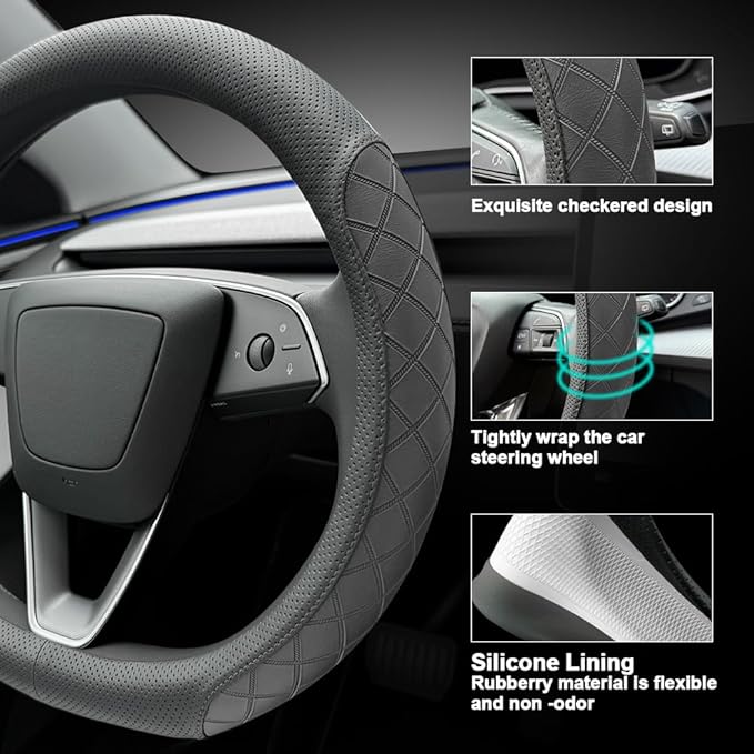 LKWLIKEI Leather Steering Wheel Cover. Elegant Diamond Checkered Design, Non-Slip and Breathable, for Tesla Model 3/Y Steerin