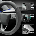 LKWLIKEI Leather Steering Wheel Cover. Elegant Diamond Checkered Design, Non-Slip and Breathable, for Tesla Model 3/Y Steerin
