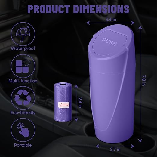 Car Trash Can Bin with Lid - Car Garbage Can Cup Holder - Purple Mini Leakproof Vehicle Garbage Bin with 20pcs Trash Bags-Automotive Organizers and Storage for Front Back Seat Accessories