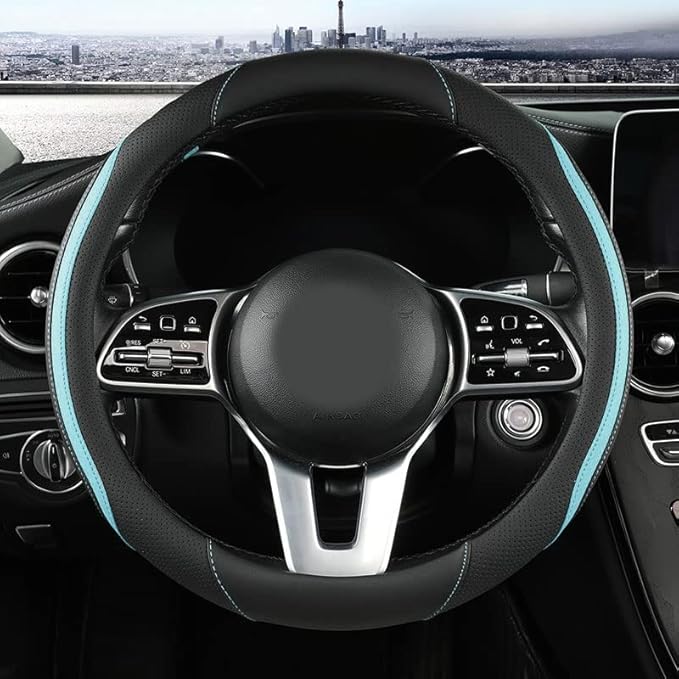 Car Steering Wheel Cover, Leather Steering Wheel Cover Blue Universal 14.5-15 Inch Microfiber Leather Anti-Slip Breathable Au