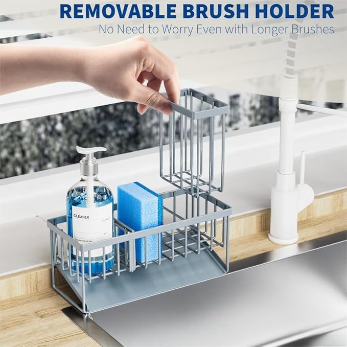 Cisily Sink Caddy Organzier with High Brush Holder, Sponge Holder for Sink, 304 Rustproof Stainless, Kitchen Countertop Soap 