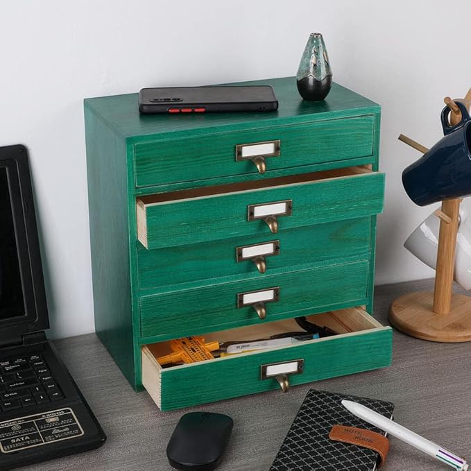 Desktop Organizer with Drawers - Card Catalog Cabinet, Small Wooden Drawers, Vintage Wooden Box, Rustic Desk Organizer and Ac